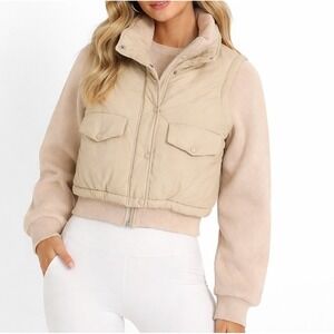 BlankNYC Women Beige Hybrid Puffer Sweater Jacket Mixed Media Cropped Tan Medium